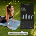 Woman practicing yoga on a mat beside an overlay showing the Brick app weekly activity and focus tracker.