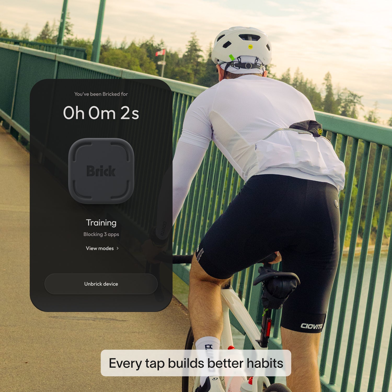 Cyclist riding a bike outdoors wearing focus gear representing an active lifestyle with Brick.