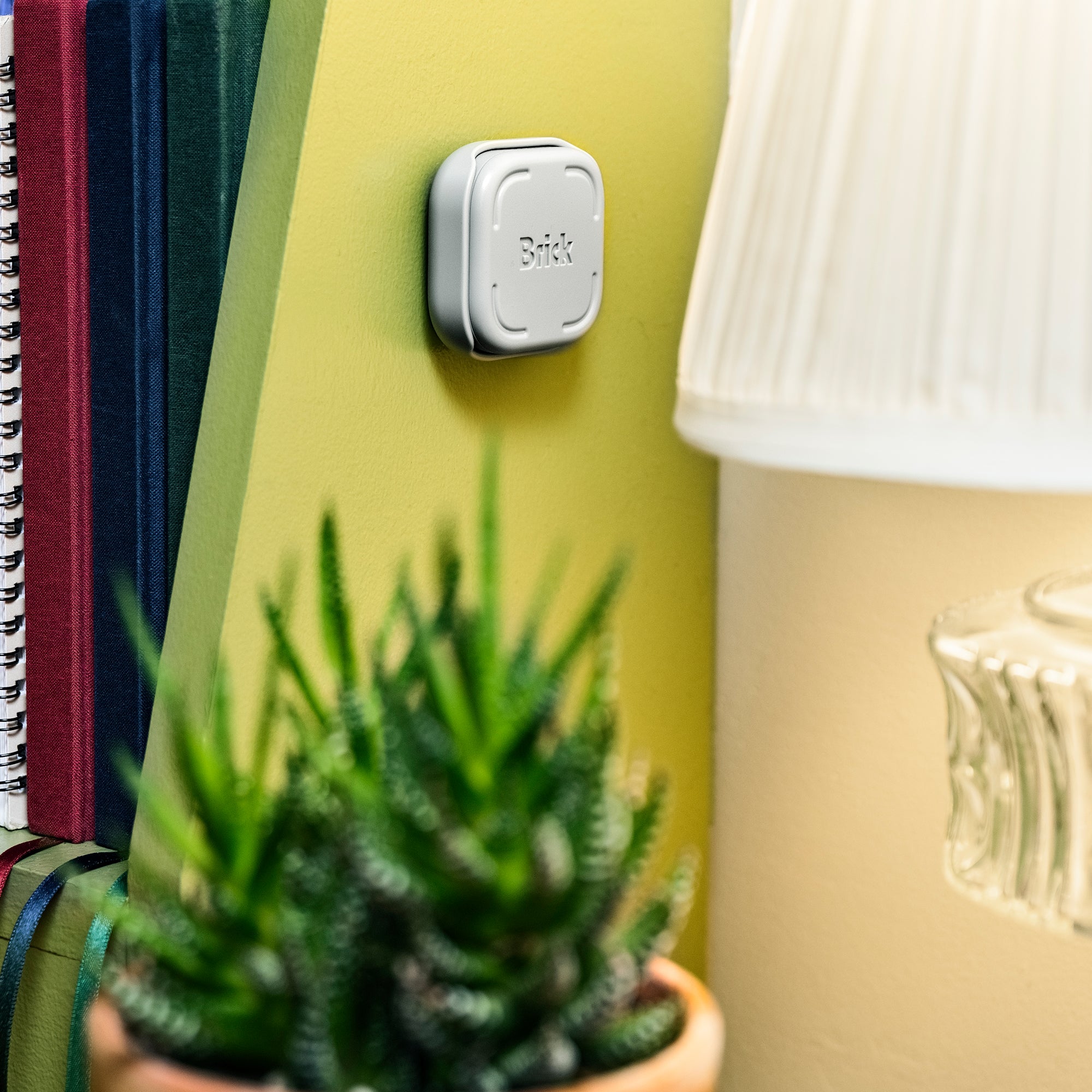Brick device mounted in a gray Brick Mount attached to a colorful bookshelf next to a lamp and potted plant.