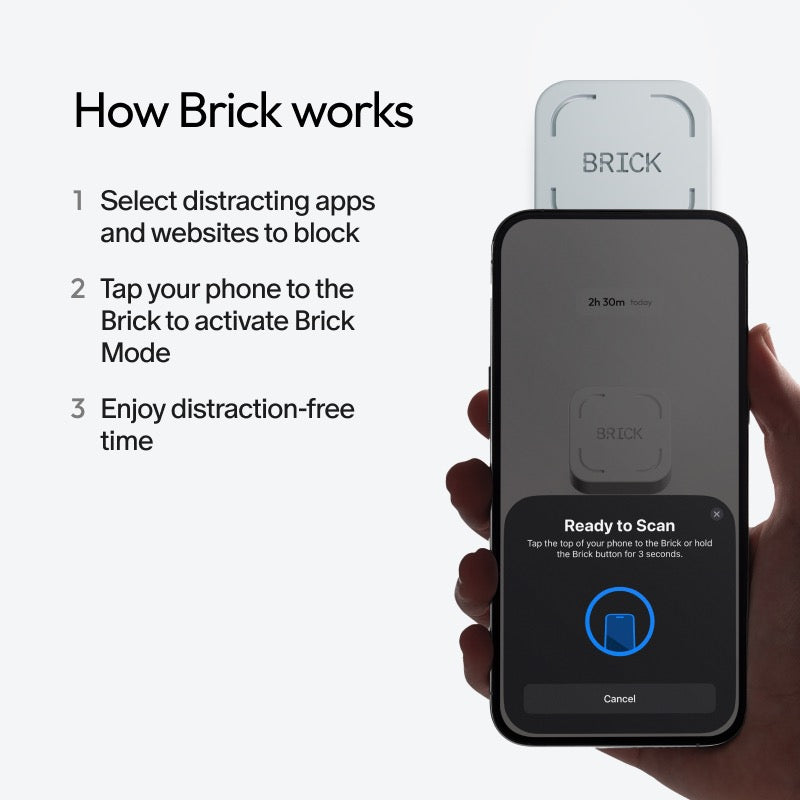 Phone with a Brick device attached, showing how it works on a white background.