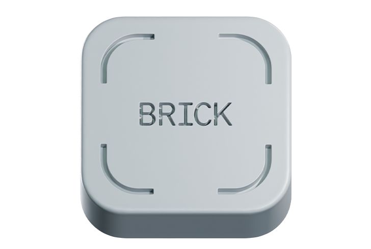 Gray square device with 'BRICK' branding on a white background