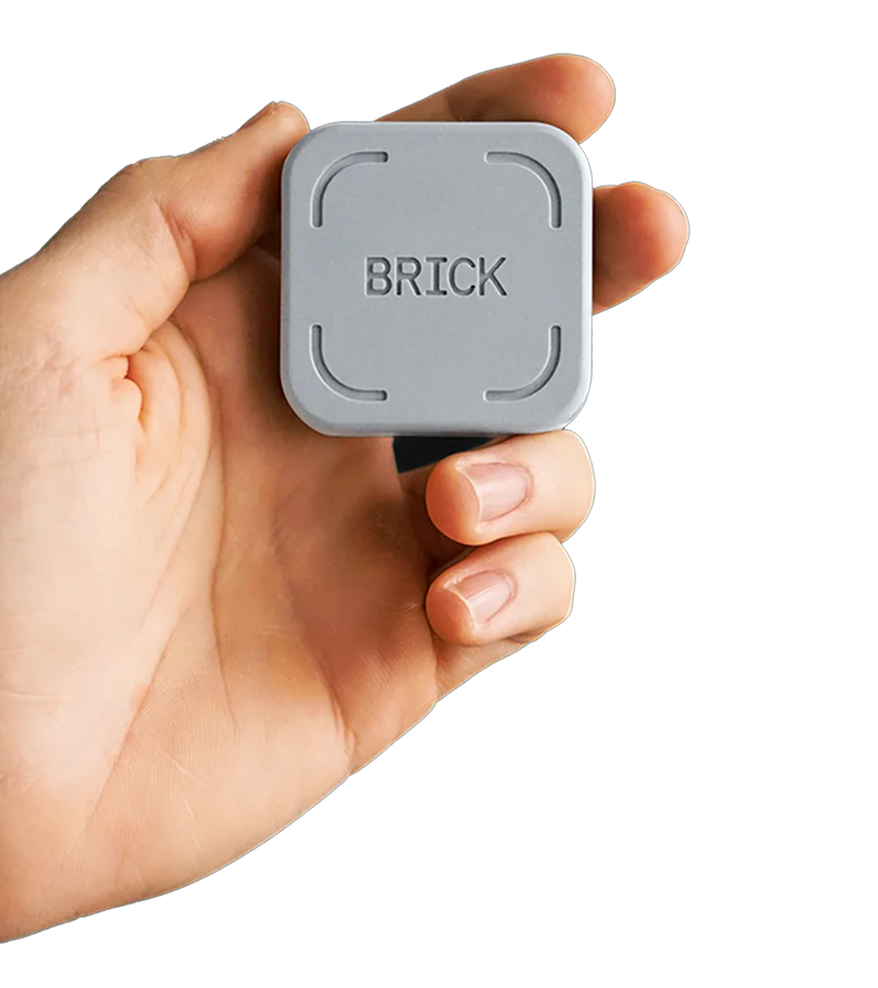 Hand holding a gray device labeled 'BRICK' against a white background