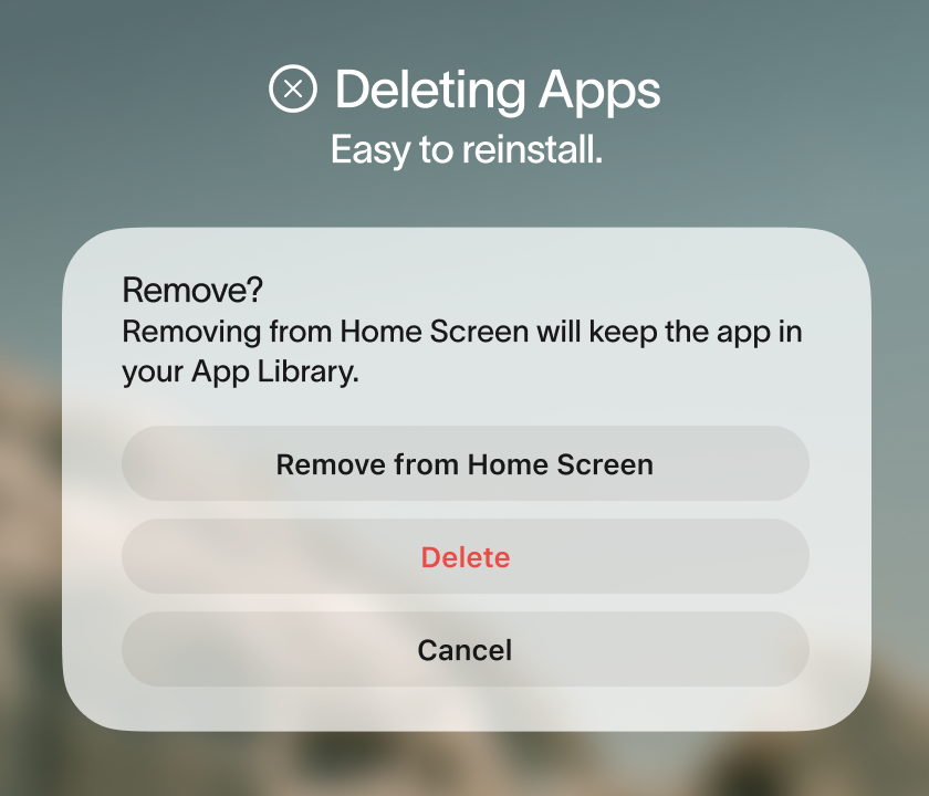 A mobile UI popup menu titled 'Deleting Apps' with the tagline 'Easy to reinstall.' The main alert box reads, 'Remove? Removing from Home Screen will keep the app in your App Library.' Below the text are three stacked buttons: 'Remove from Home Screen', 'Delete' (highlighted in red), and 'Cancel'.